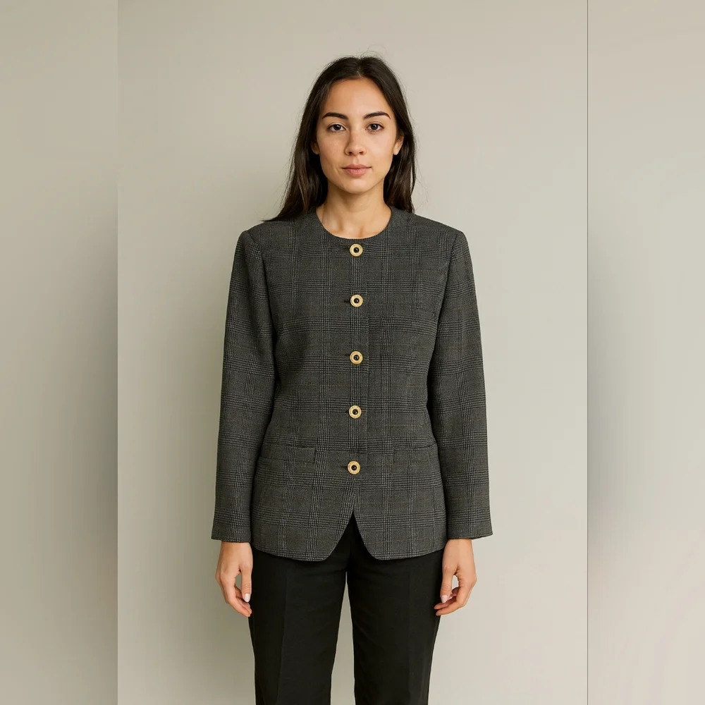 Vintage Plaid Blazer Size 14 Gold Button Blazer Classic Preppy Wool Blend Office
